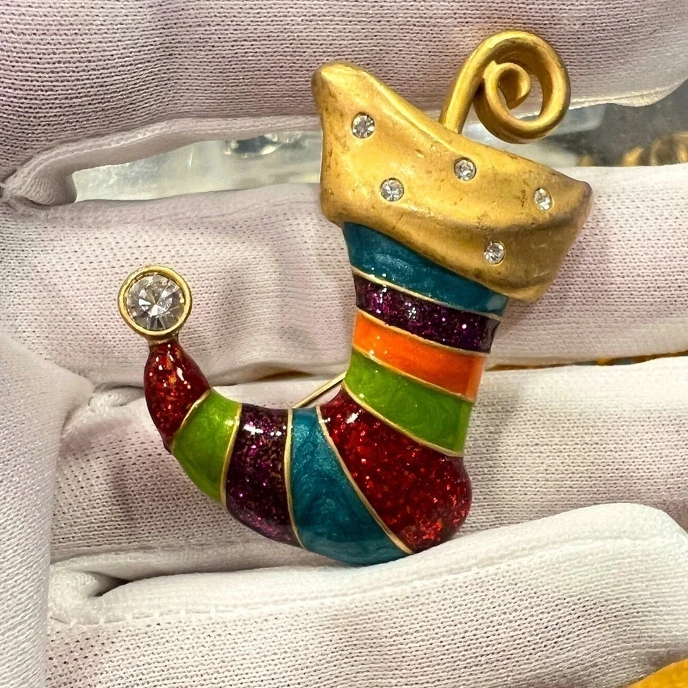 Vintage Anne Klein Christmas Striped Enamel Stocking Rhinestone Brooch